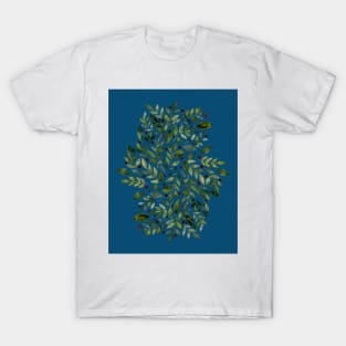 Seasonal branches and berries - green on blue T-Shirt